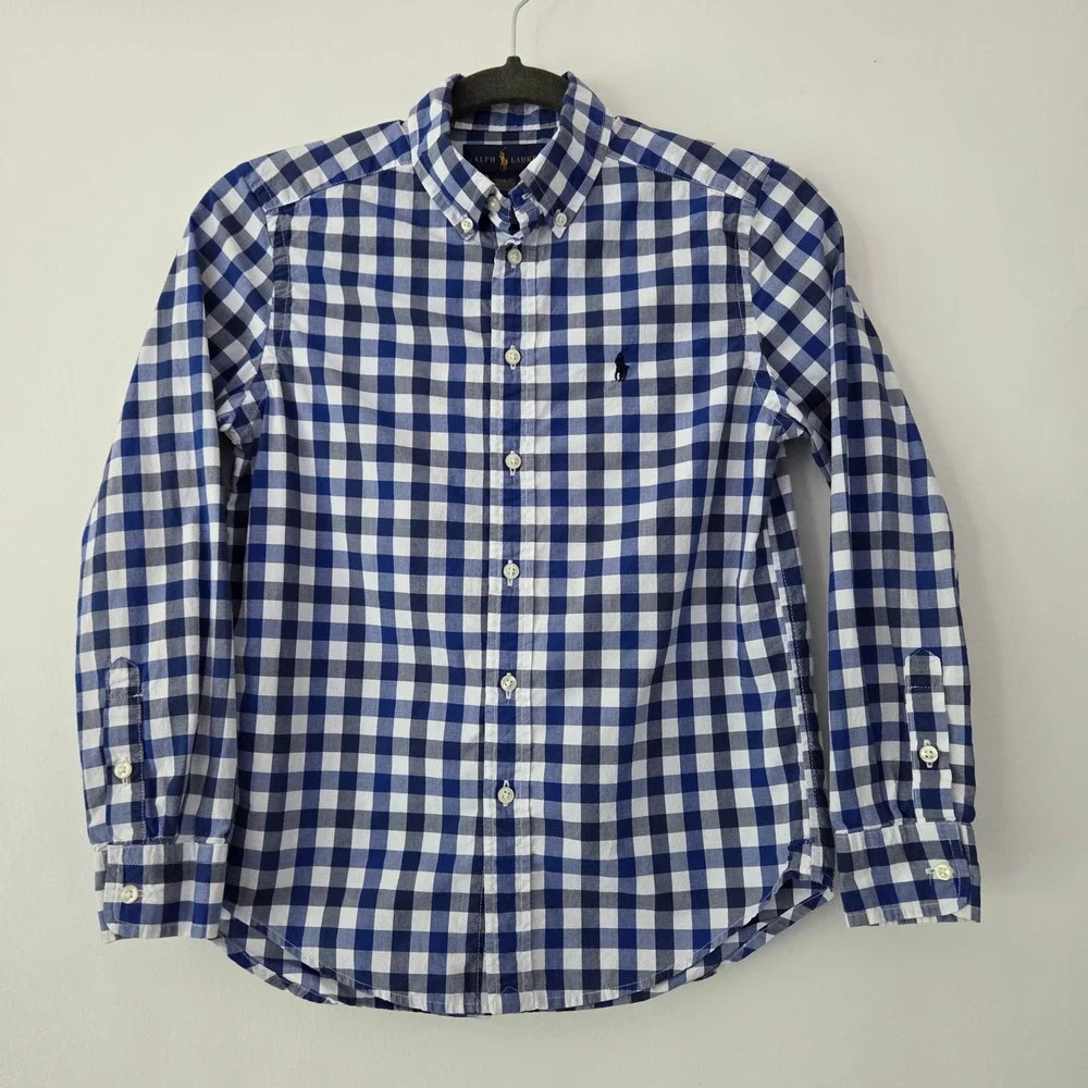 Ralph Lauren Button Down Blue Gingham Plaid Cotton Kids‎ Boys Size M 10-12